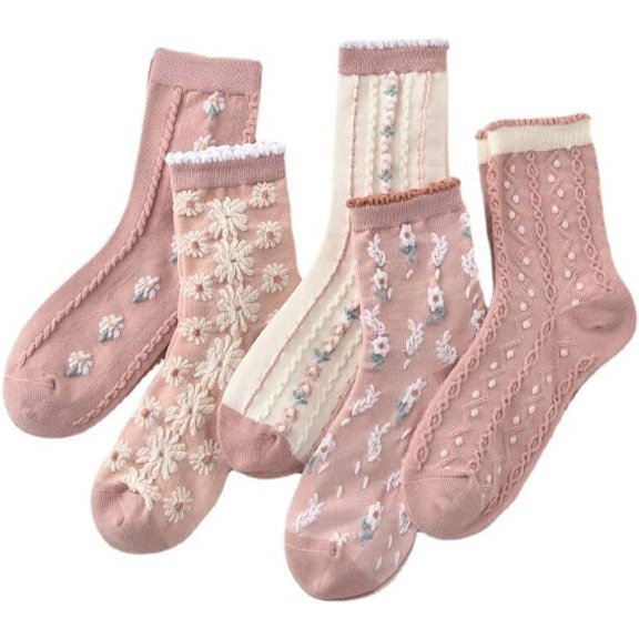 Zhengup 5 Pairs Cute Socks, Women's Summer Lace Ruffles Ankle Sock, Cottagecore Breathable Mid Tube Floor Socks, Floral Crew Sock