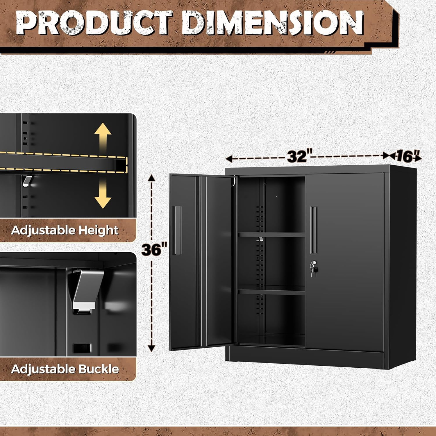 SOLAURA Metal Storage Cabinet with Locking Doors and 2 Adjustable Shelves, 36"H x 32"W x 16"D Office Cabinet for Home, Garage, Warehouse(Black)