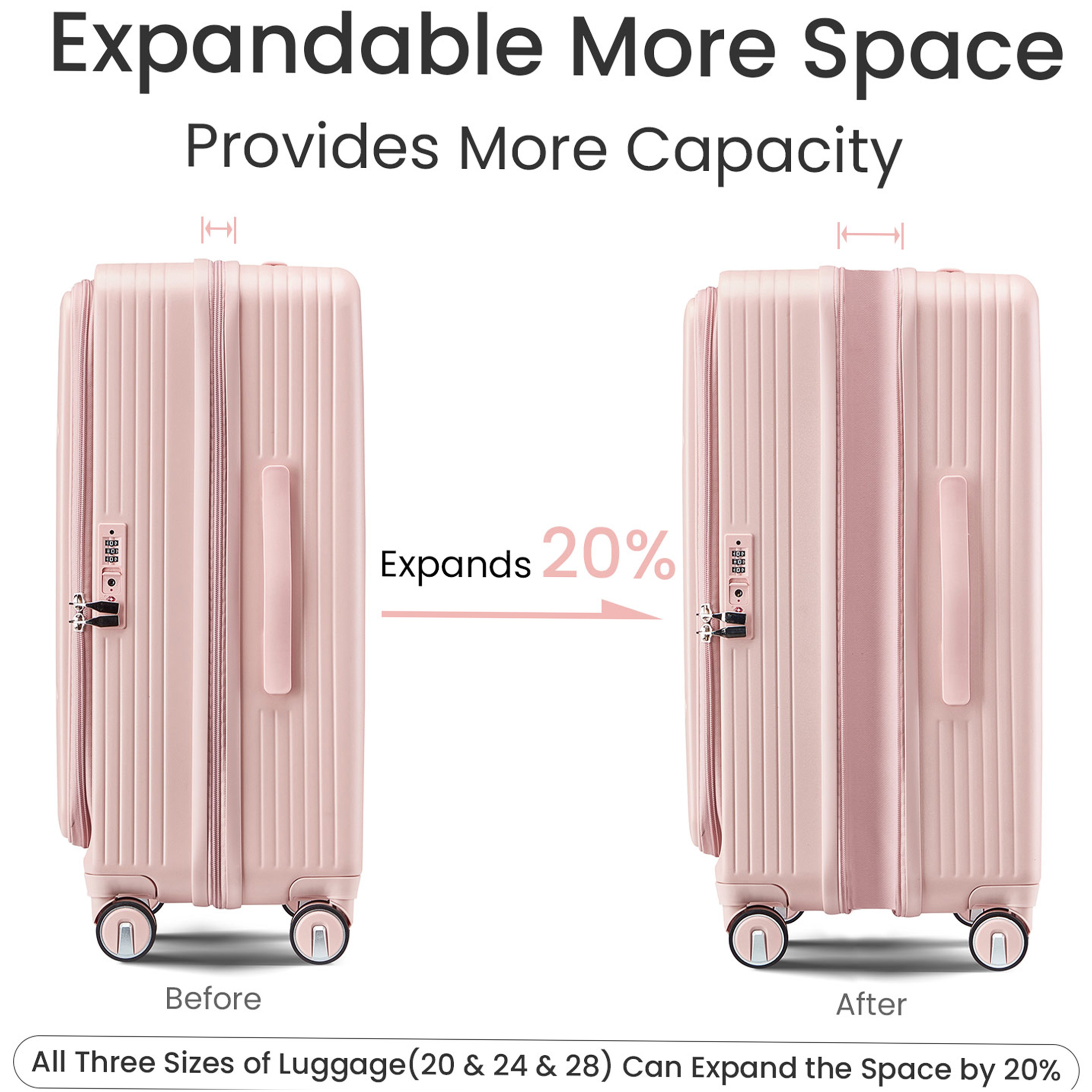 JERFIT 3-Piece Pink Expandable Hard Shell Luggage Set with TSA Lock, Spinner Wheels & Front Pocket, 20/24/28 Inch Lightweight Suitcases