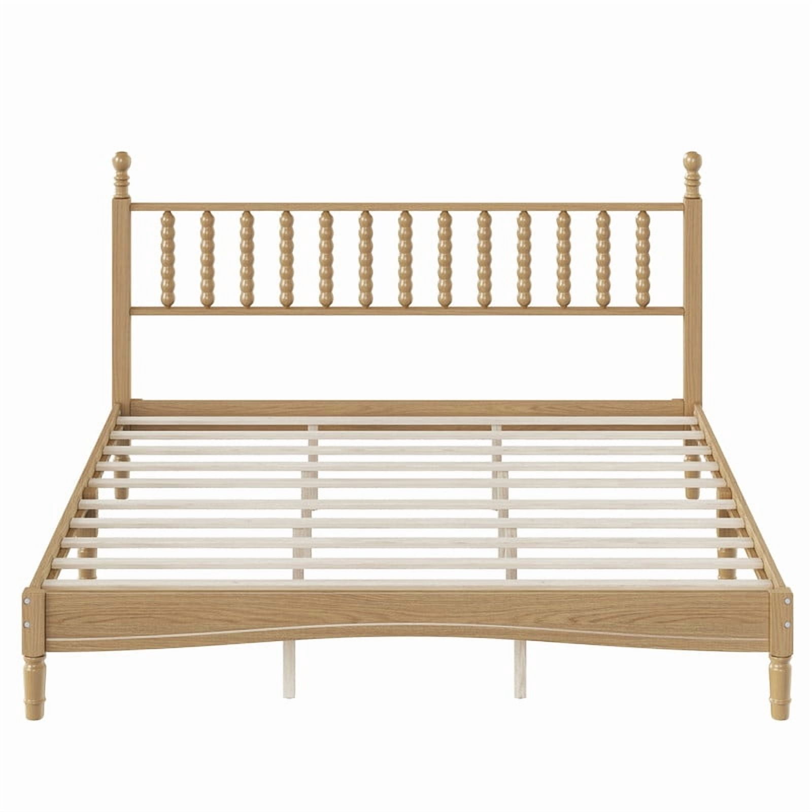 Mid-Century Modern King Size Wood Platform Bed with Gourd Shaped Headboard, Retro Style Low Profile Bed Frame with Slats Support