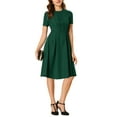 thumbnail image 5 of INSPIRE CHIC Women's Round Neck Short Sleeve Pleated Vintage 1950s Midi Dress L Dark Green, 5 of 8