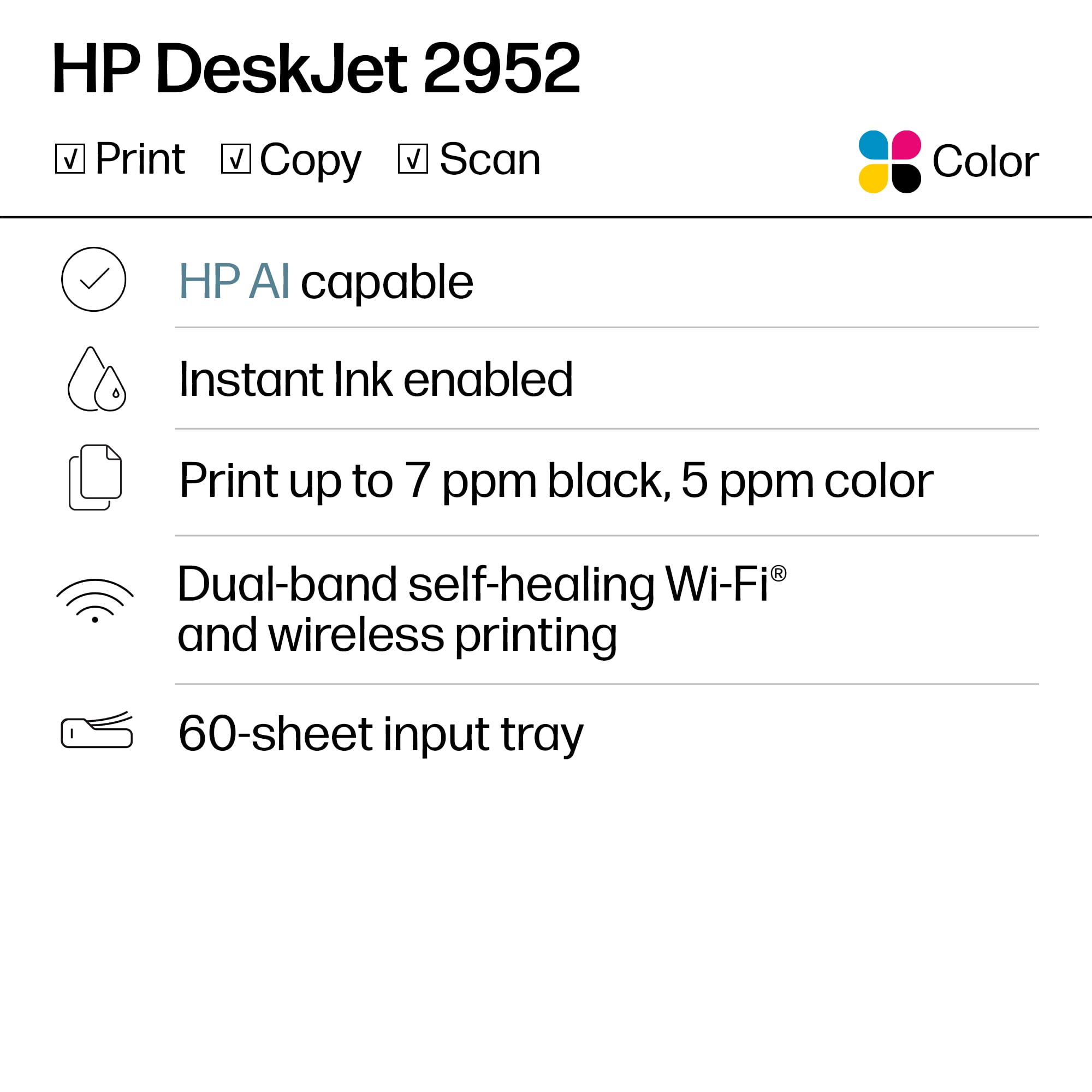 HP DeskJet 2952 Wireless All-in-One Color Inkjet Printer, 3 Months Free Instant Ink, Black