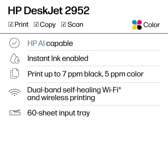 HP DeskJet 2952 Wireless All-in-One Color Inkjet Printer, 3 Months Free Instant Ink, Black