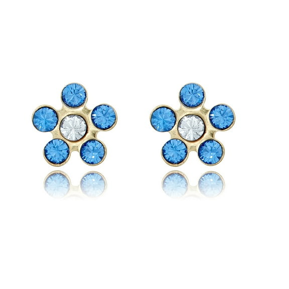 AVORA 10K Yellow Gold Flower Blue Simulated Diamond CZ Screw Back Stud Earrings