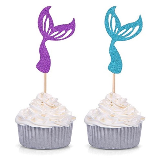 Set of 24 Glitter Purple Blue Mermaid Tail Cupcake Toppers Kids Theme Party Decor by Giuffi