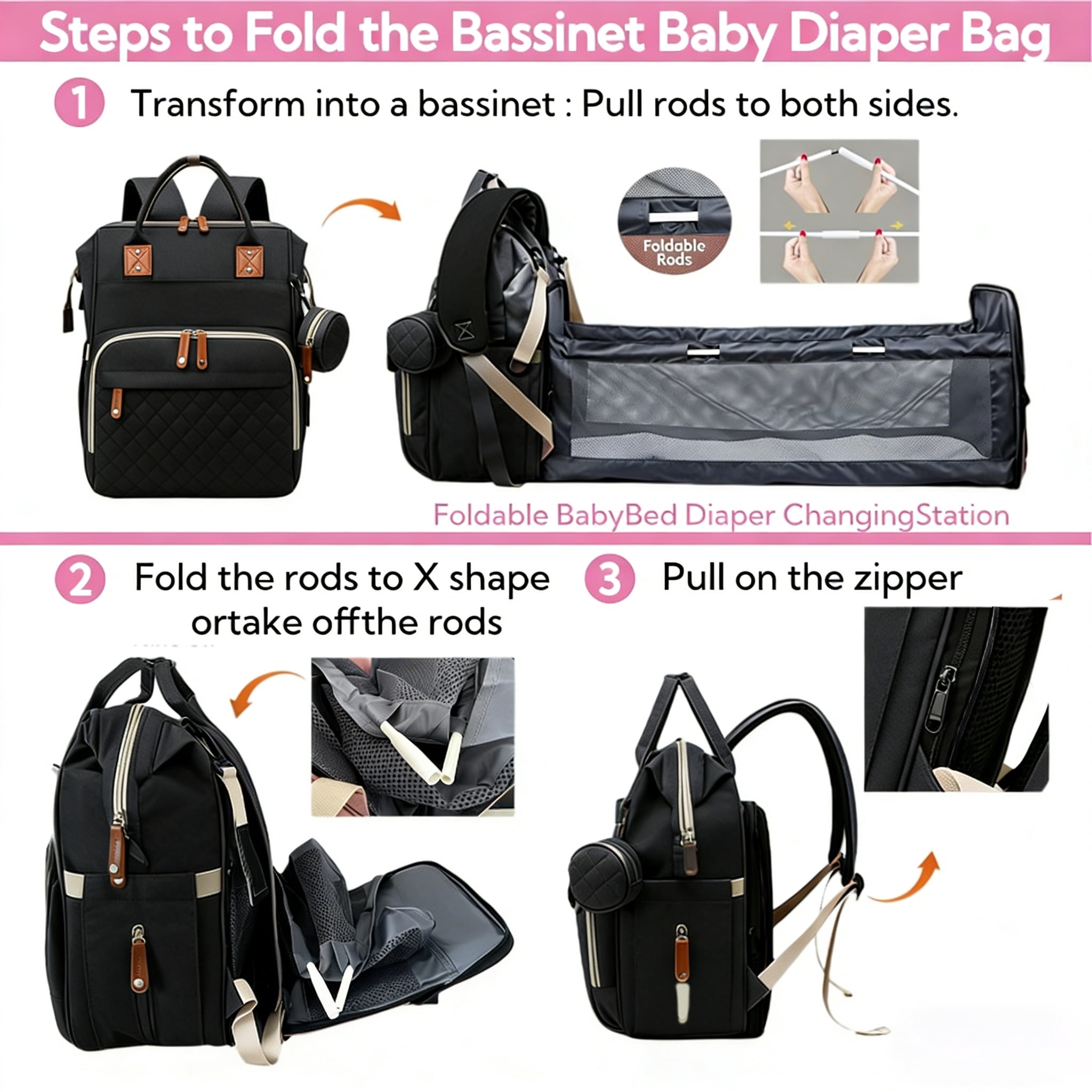 WANDF Diaper Bag Backpack with Changing Station, Large Travel Mommy Bag, Waterproof Diaper Backpack for Moms Dads with USB Charging Port,Mommy Essentials Shower Gifts(Black Bag)