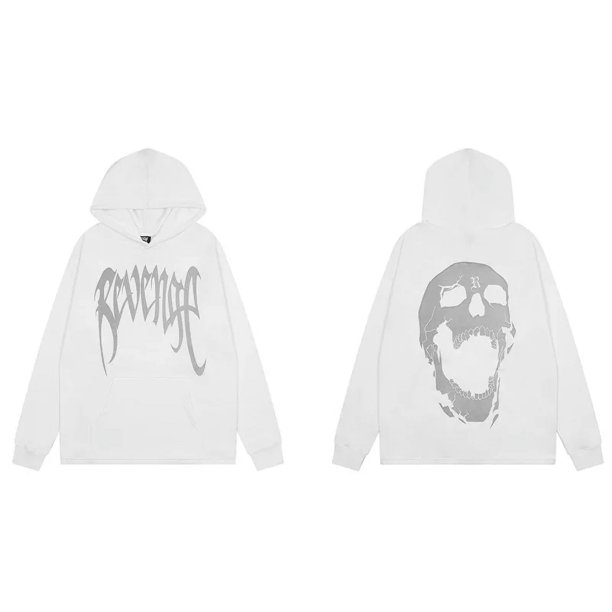 Sudadera con capucha informal de moda, bordado de venganza, nicho de hueso largo, cabeza de Calavera, estilo americano, ajuste suelto, High StreetBlanco 5561