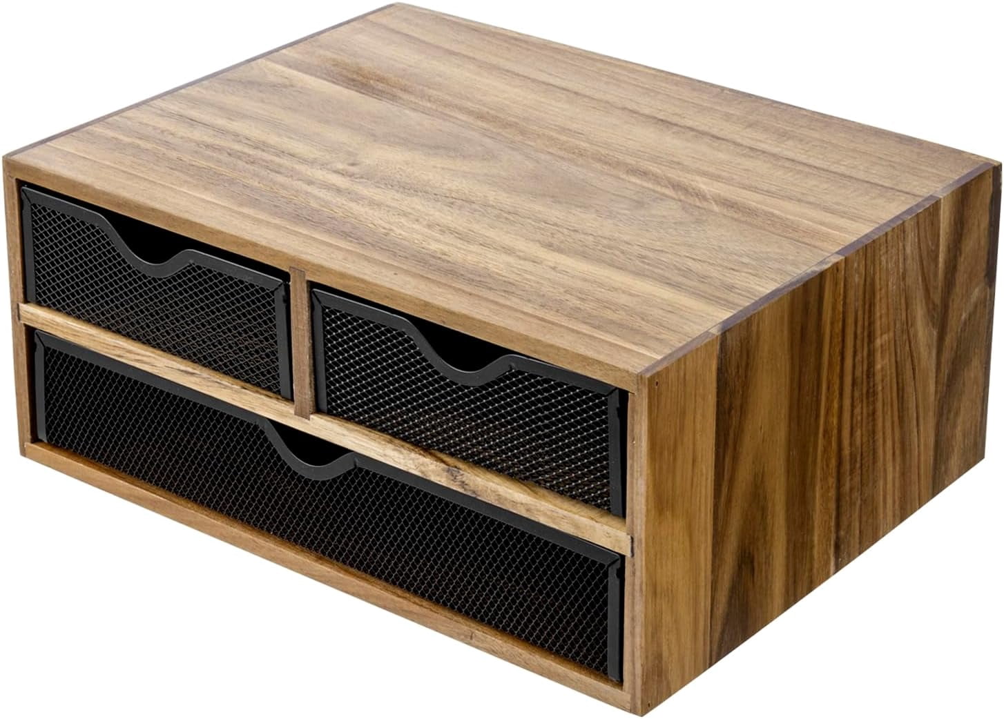 Premium Acacia Solid Wood Desktop Organizer Box with 3 Removable Black Metal Mesh Trays, Rustic Office Desk Supplies Storage Drawers for Accessories