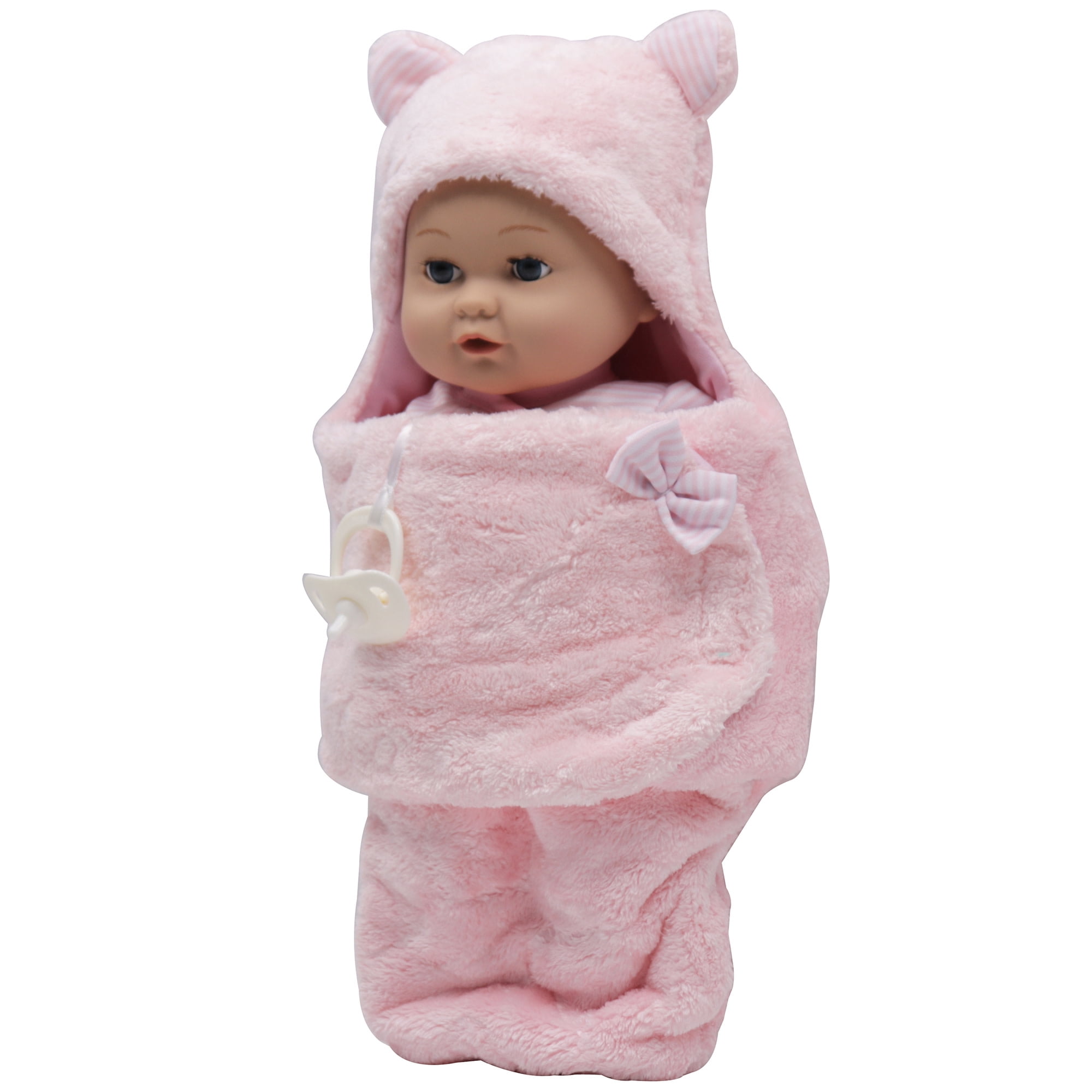 Baby Dreami: Bunting 13” Baby Doll - Pink & White Striped Outfit, Animal Ears Plush Swaddle Wrap Blanket, Binky, Soft & Huggable Toy, Kids-Toddlers 2+