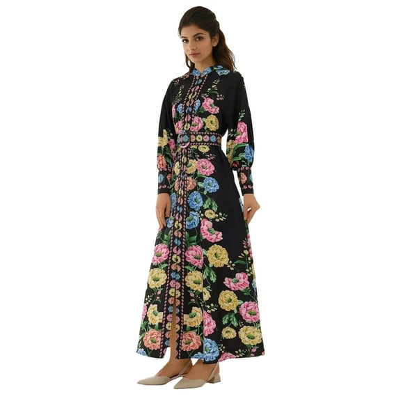 Printed Long Sleeve Maxi Dress with Belt