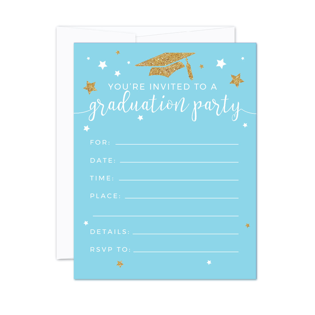 Baby Blue and Gold Glittering Graduation Party, Blank Invitations with Envelopes, 20-Pack