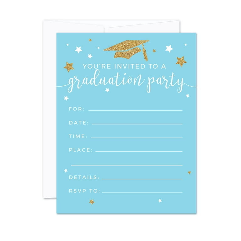 Baby Blue and Gold Glittering Graduation Party, Blank Invitations with Envelopes, 20-Pack