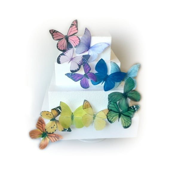 Orange Yellow Blue Green Pink Purple Assorted Rainbow Wafer Paper Butterflies for Decorating Desserts Cupcakes Wedding Cakes Pack of 12