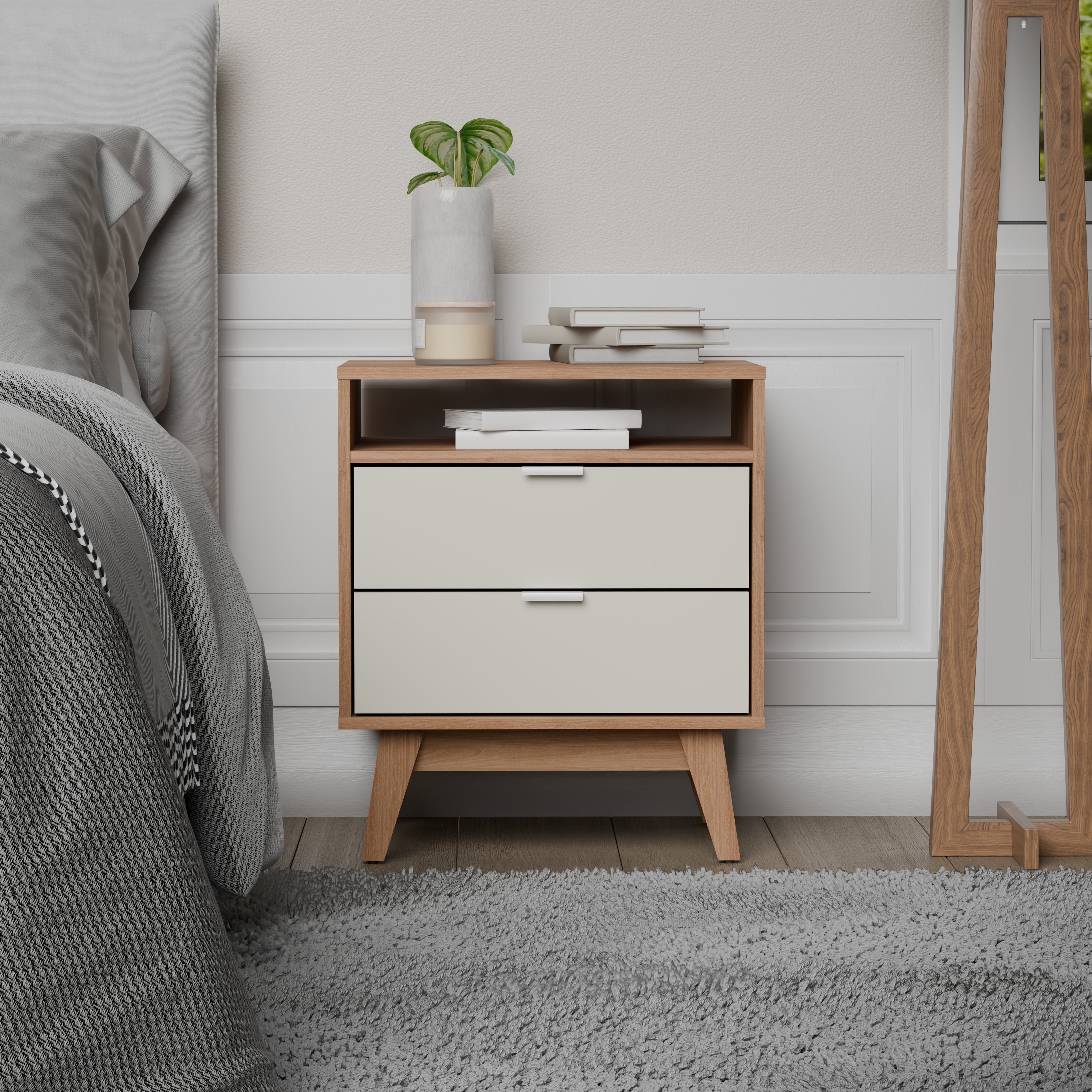Kappesberg Hanford 2-Drawer Nightstand with Open Shelf, Brown & Cream, Mid-Century Modern - for Adults and Teens