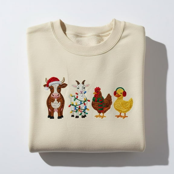 Farm Animal Christmas Embroidered Sweatshirt, Cow Goat Chicken Duck Xmas Sweater, Farmer Holiday Gift, Cute Farm Crewneck, Farm Life