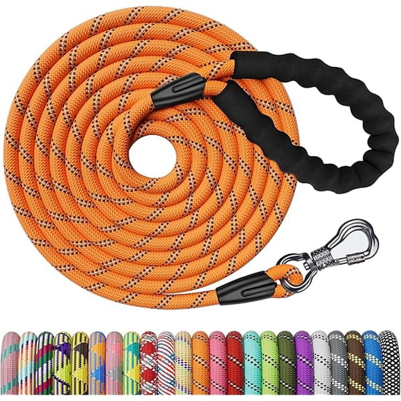Eryueer Heavy Duty Dog Leash, 15FT Training with Swivel Lockable Hook, Padded Handle and Highly Reflective Threads, Lead for Walking, Hunting, Camping, Backyard Small Medium Large, Orange
