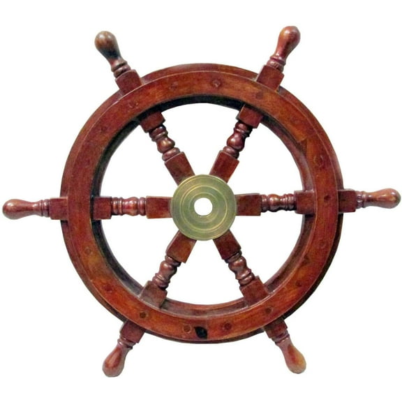 PIRU This Decorative Ship Wheel is About 12" Wide, Including The Handles. The Ship Wheel is Made of Wood. It has a Brass Center hub.