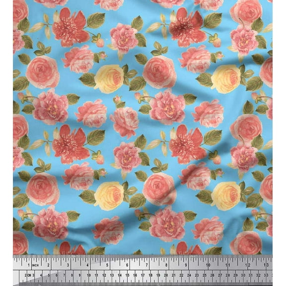 Soimoi Blue Cotton Poplin Fabric Leaves & Begonia Floral Printed Craft Fabric by the Yard 56 Inch Wide
