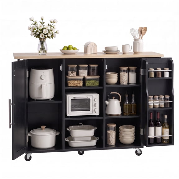 Gianna Kitchen Island Cart with Drop Leaf Countertop, Storage Cabinets & Rolling Wheels, Mobile Serving Station, Black