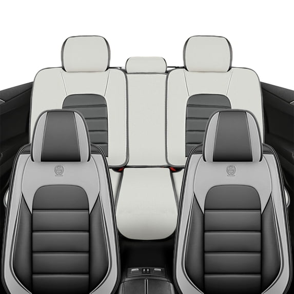 Fit for TOYOTA TACOMA 2015 Seat Cover, Gray and White Car Seat Covers, PU Leather 5 Piece Full Set With Lumbar Support Non-slip, Protect Car Seats