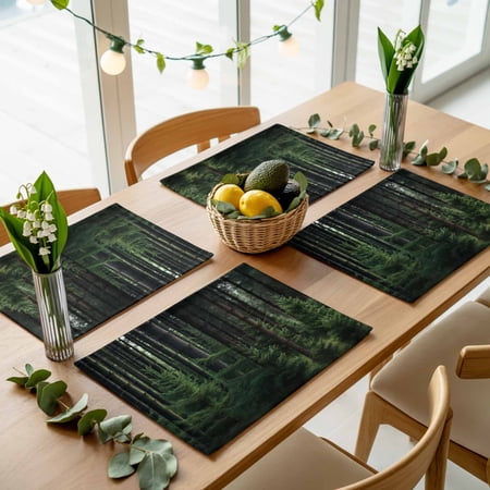 Green Forest Woods Woodland Placemats Set of 4,Wipeable Washable Table Mats for Dining Tables, Nature Scenery Landscape Place Mats for Kitchen Event Party Tabletop Decor