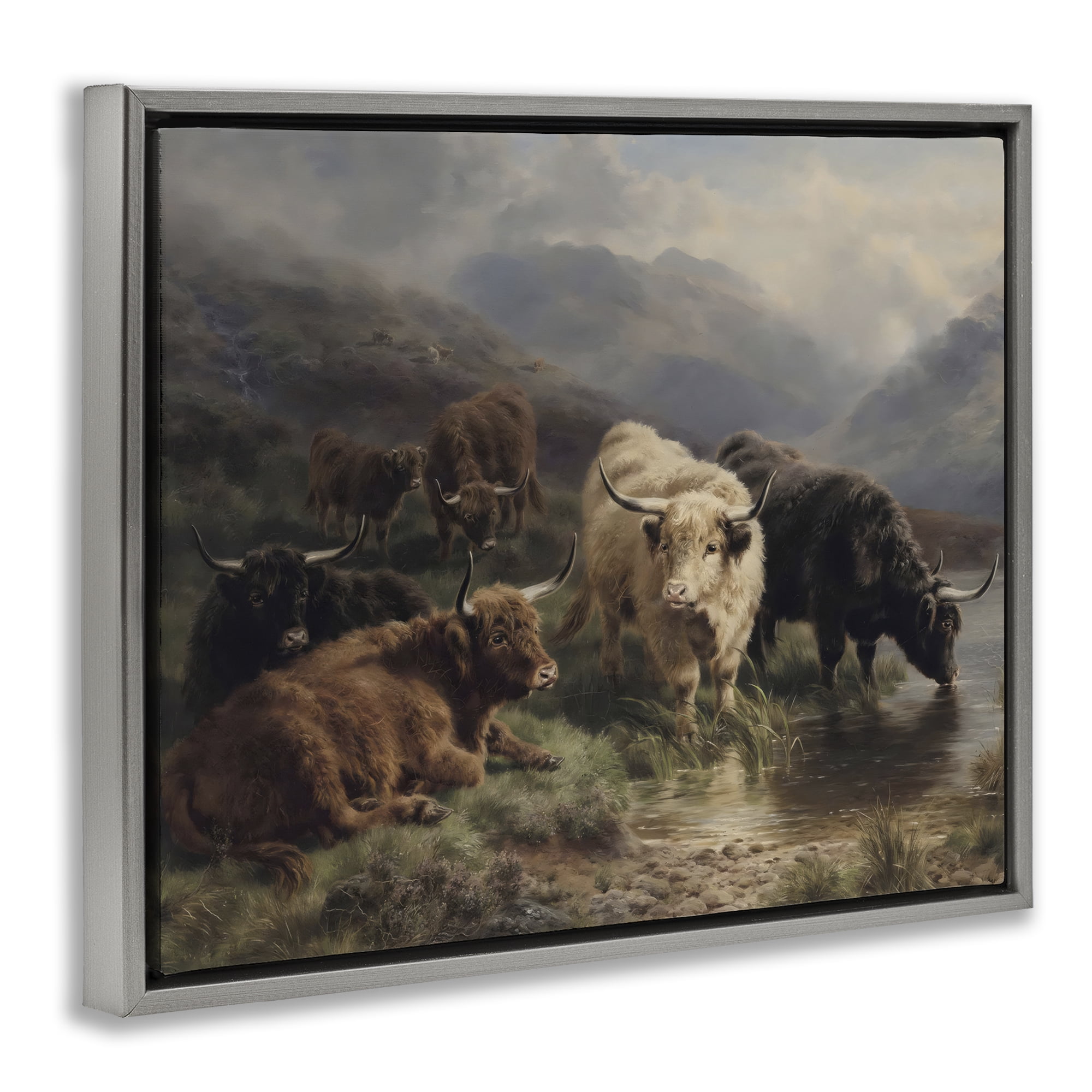 Stupell Industries Highland Cows Beside Misty Loch Gray Framed Floater Canvas Wall Art, design by Arlington Prints