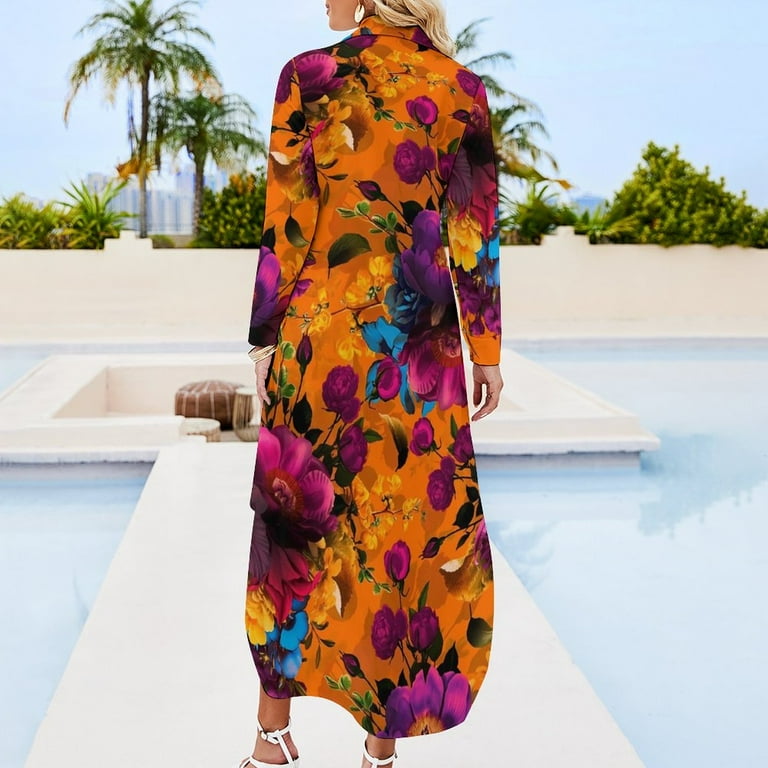 2024 Retro Flower Print Casual Dress Mystic Botanical Stylish Dresses Long  Sleeve Beach Women V Neck Design Oversize Chiffon Dress - Walmart.com