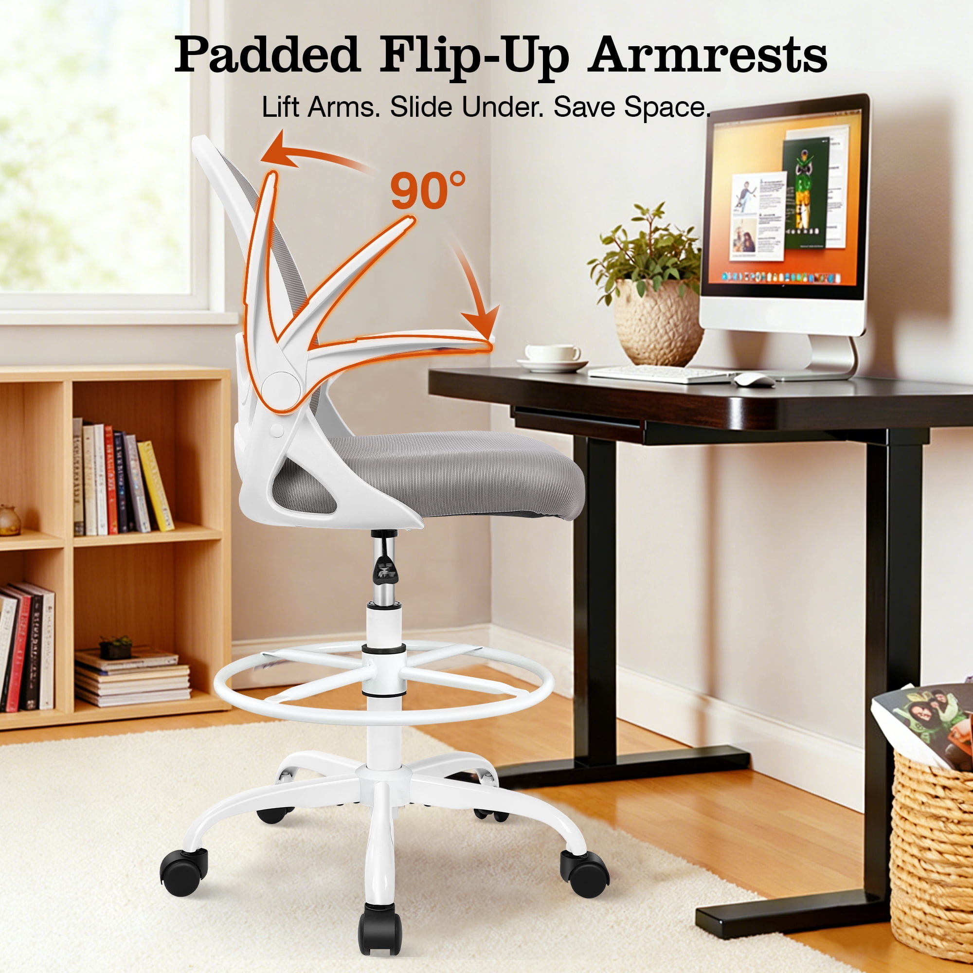 COOLHUT Tall Office Chair 400lbs with Footrest Ring, Standing Desk Chair with Flip-up Armrests, Adjustable Swivel Rolling Mesh Standing Desk Stool with Lumbar Support for Adults, Gray