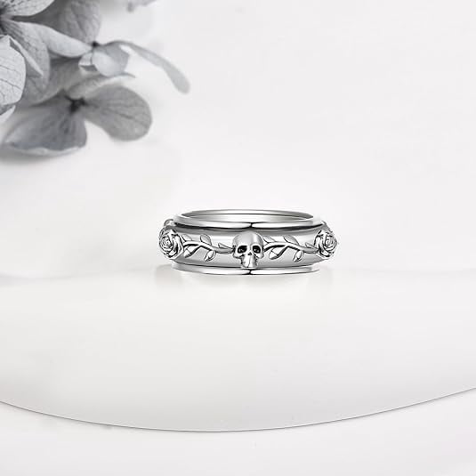 Skull Fidget Spinner Ring 925 Sterling Silver Anxiety Ring for Women Gothic Jewelry Gift for Men(Size 8)