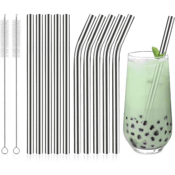 TAETOE Stainless Steel Smoothie Straws, 0.4'' Extra Wide Reusable Metal Drinking Straws for Milkshake, Smoothie, Beverage, Set of 10 with 2 Cleaning Brush
