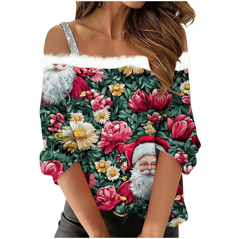 dress tops for christmas Womens Off The Shoulder Tops Long Sleeve Christmas Shirt with Double Strap  Design Comfort Holiday Party Wear Going Out Tops