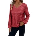 thumbnail image 3 of Laqbezok Dazzling Sequin V Neck Balloon Sleeve Top, Women's Shimmering Evening Party Blouse, Glamorous Sparkly Holiday Outfit, 3 of 8