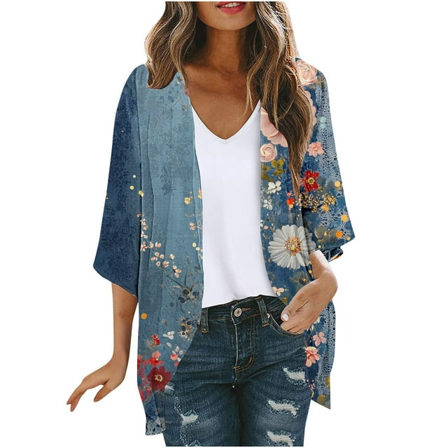 WRKEKC Cardigans pour Femmes, Cardigans pour Femmes Légers, Cardigans pour Dames Vestes Imprimées à la Mode Printemps et Été Vestes Imprimées à Manches 3/4 Cardigans