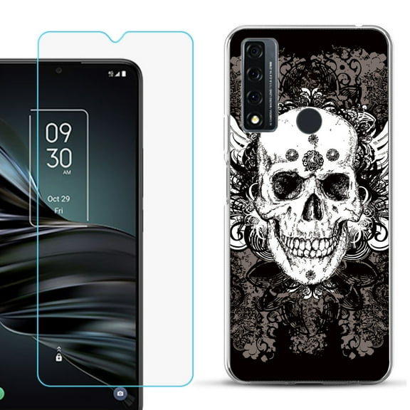 Slim-Fit Fashion Phone Case for TCL 20 XE, with Tempered Glass Screen Protector, by OneToughShield ® - Grunge Skull