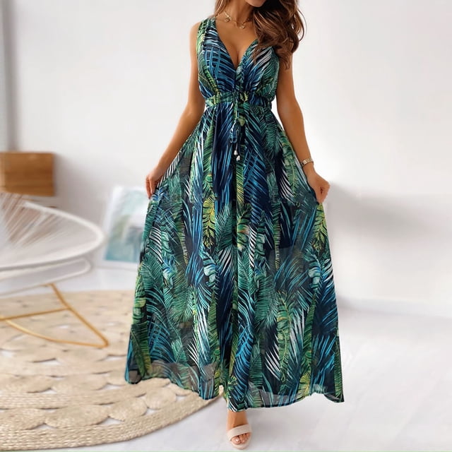 SMihono Robe Maxi Bohème d'Été pour Femmes Grande Taille Mode Féminine Boho Col en V Ample Sans Manches Imprimé Longueur Cheville Robe de Plage