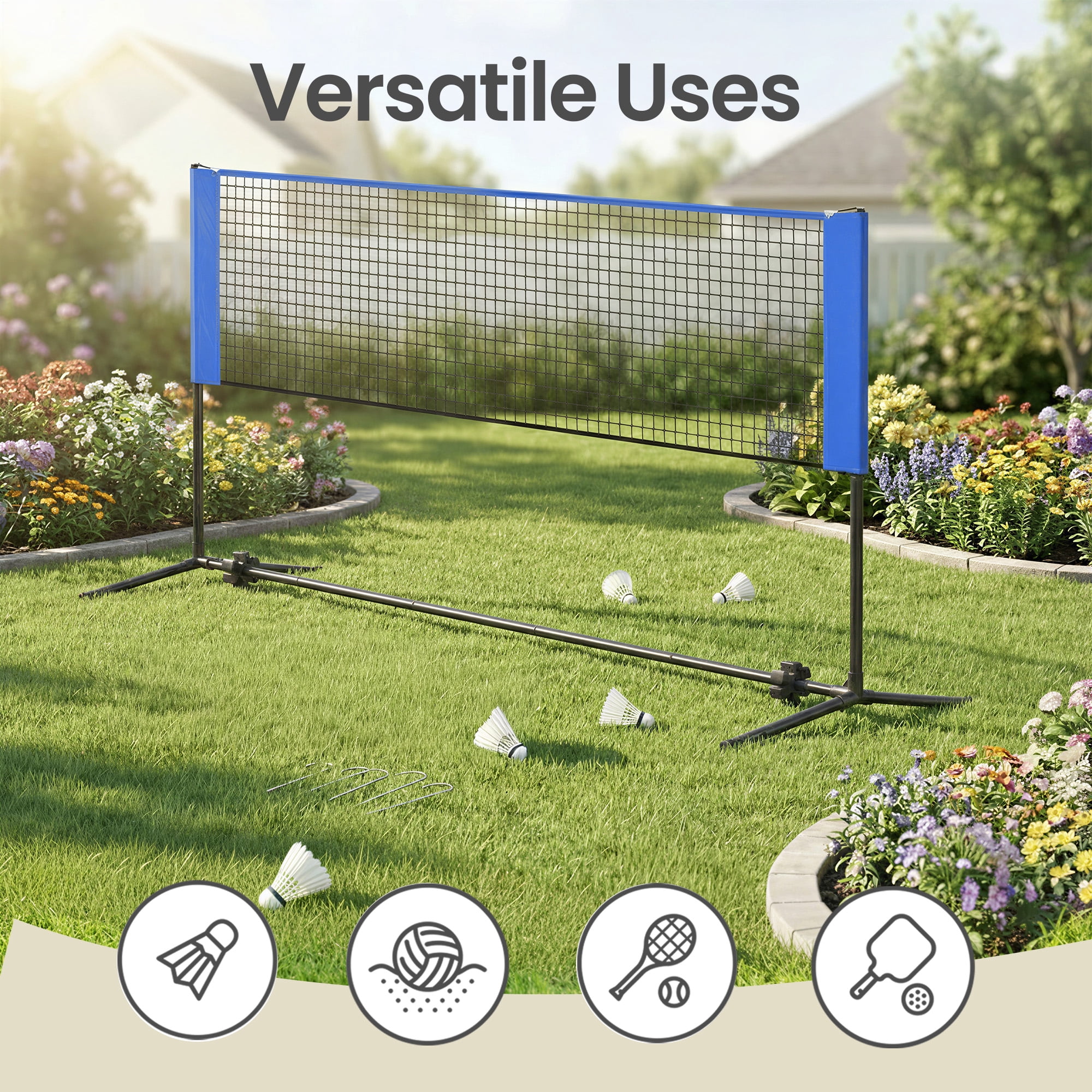 LEDREM Adjustable Sports Net for Badminton, Volleyball, Pickleball & Junior Tennis, 16.5ft Wide Portable Net System with Poles & Carry Bag, Blue