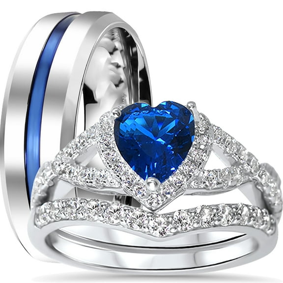 LaRaso & Co His Hers Sterling Blue Sapphire CZ Bridal Wedding Band Engagement Ring Set Men Women Thin Blue Line