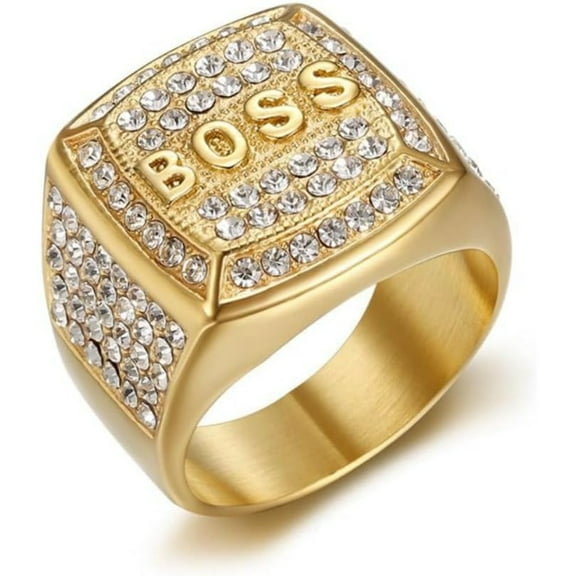 Stainless Steel Titanium Luxury AAA Zircon with 18K Gold Plated Iced Out Hip Hop Boss Ring for Men Women Boyrfriends Birthday Party Gift Fashion Jewelry