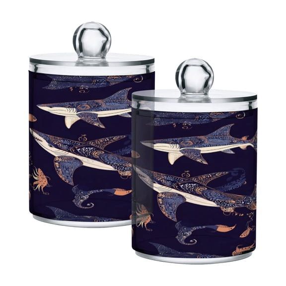 2 Pack Bathroom Canisters Transparent Storage Jar for Cotton Ball, Swab, Floss Sharks and Fish Pattern