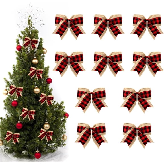 Hsomely 10PCS Christmas Wreath Bows, Red Black Buffalo Plaid Farmhouse Bows for Front Door Christmas Tree Indoor Outdoor Xmas Decor