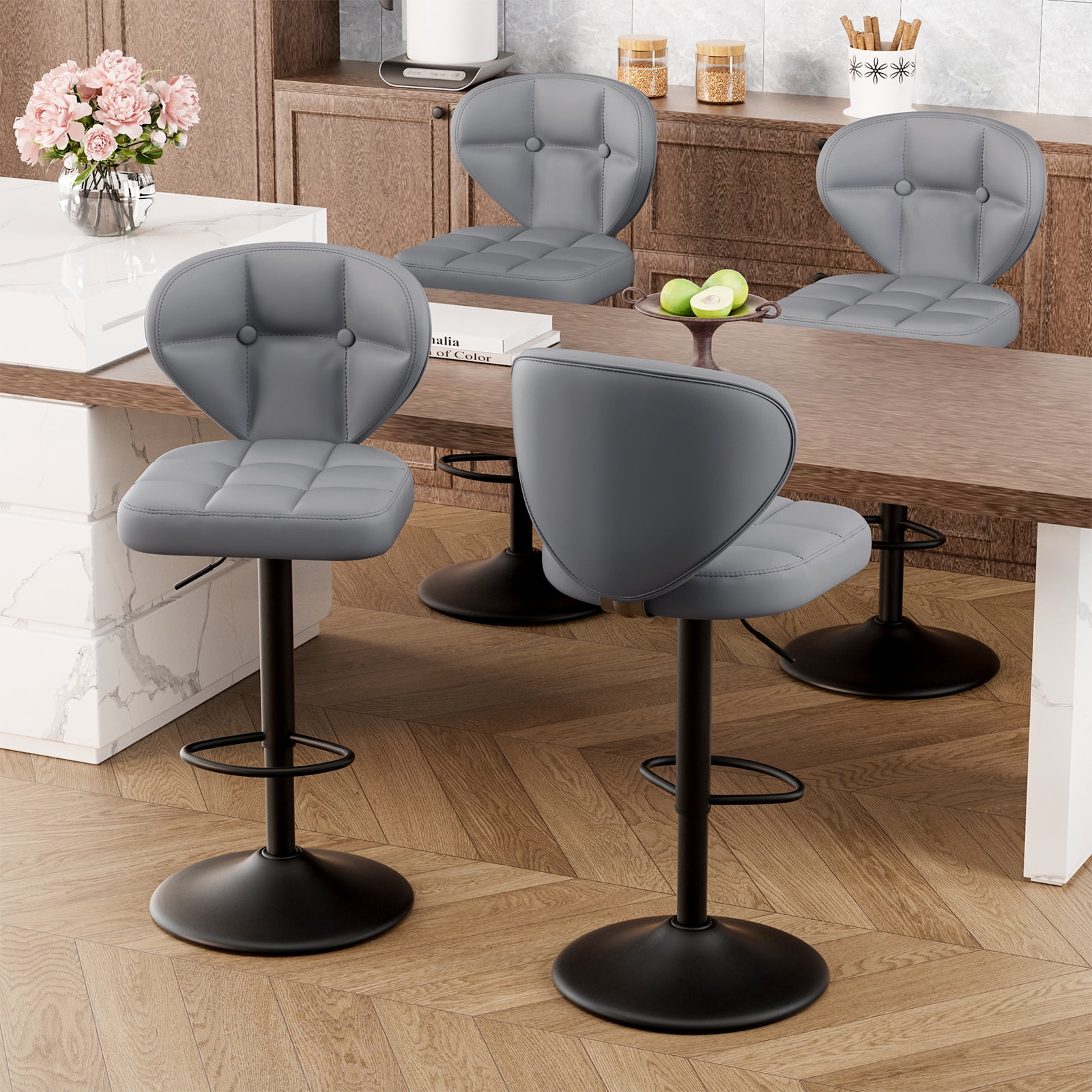 Hawsaiy Vintage Style Leather Bar Stool Set of 2 with Button-Tufted Design,Dark Gray