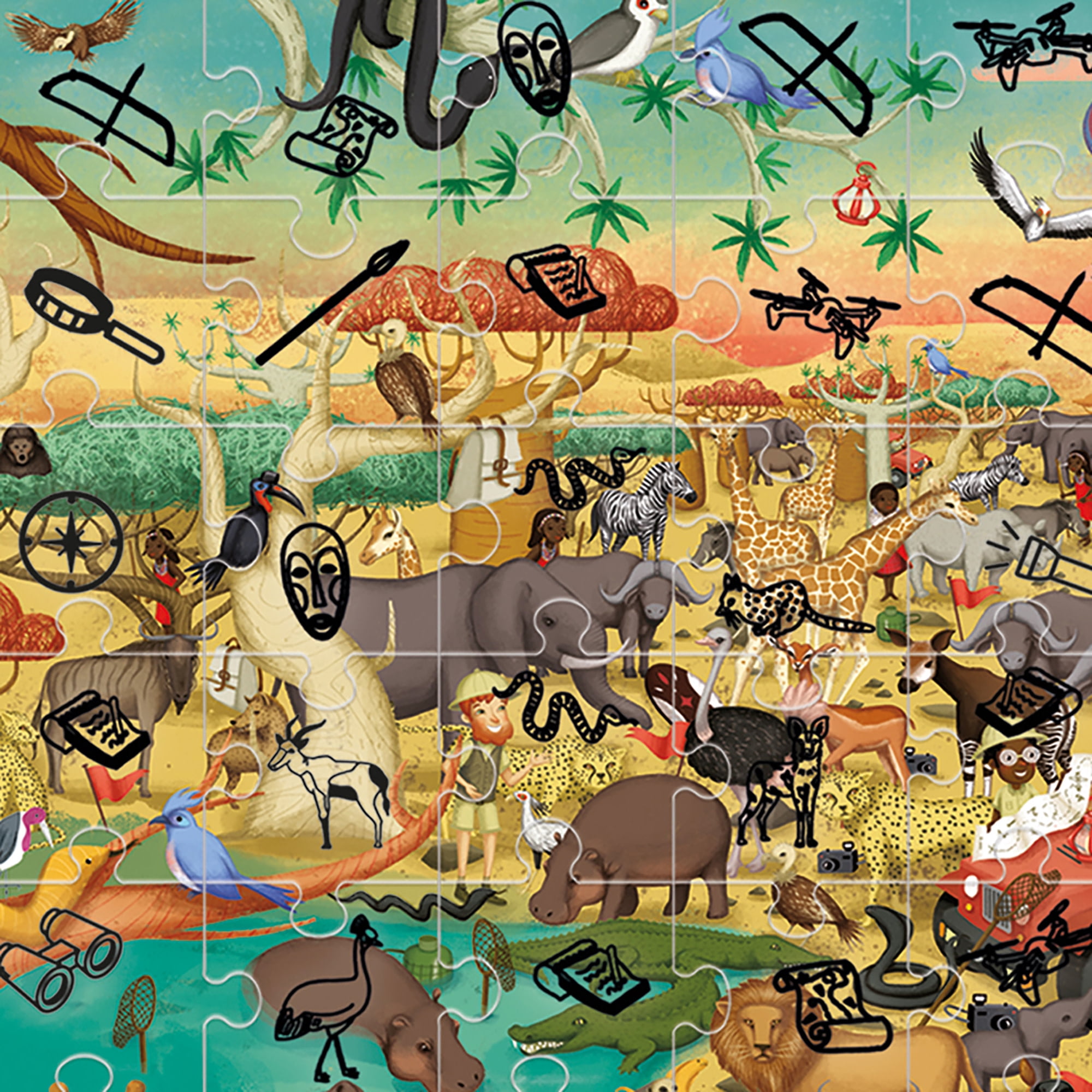 Headu: Explore The Safari Puzzle - 70pc Activity Jigsaw, Magic Reveal Scene, 27x17" Savannah Scene, Search & Find Hidden Objects & Animals, Kids 5+
