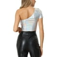 thumbnail image 3 of INSPIRE CHIC Metallic Crop Top for Women's Short Sleeve One Shoulder Shinny Holographic Clubwear Party Tops, 3 of 5