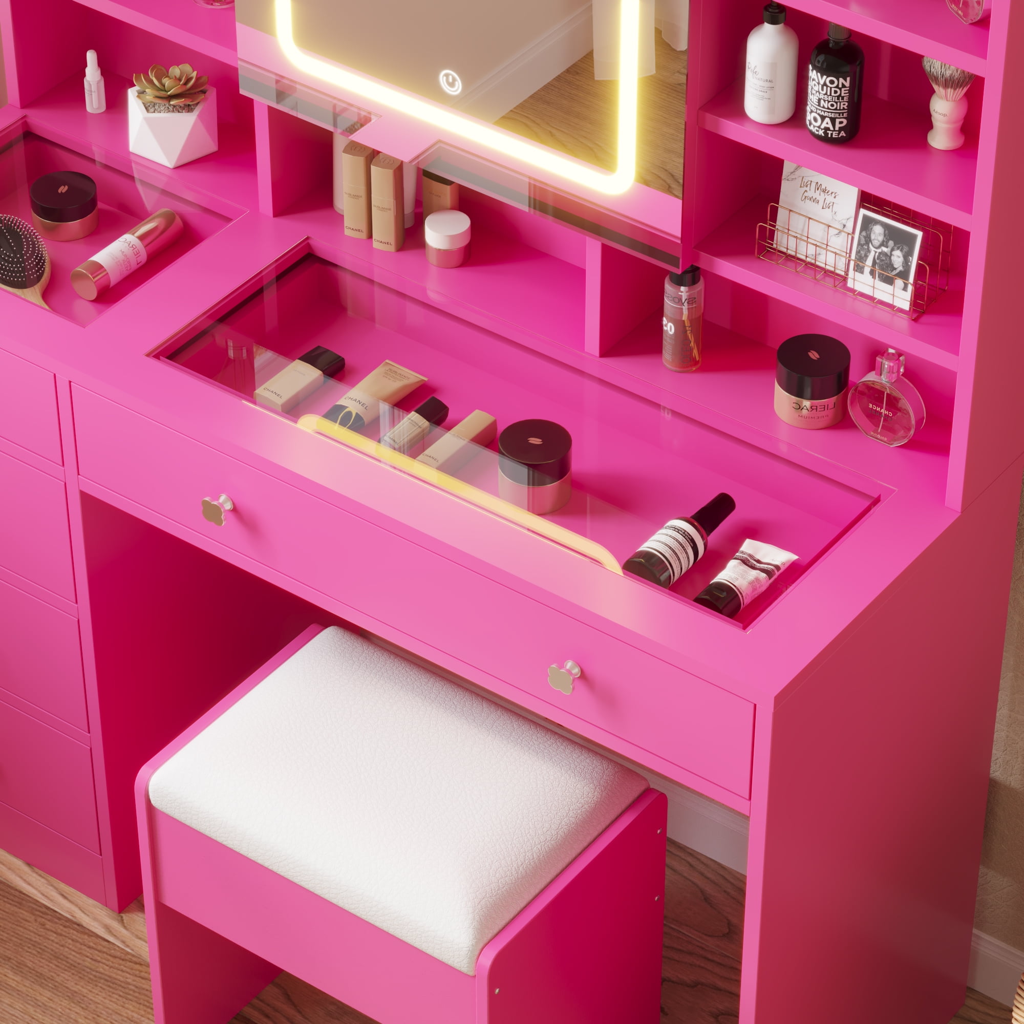 Ktaxon Large 47.2" Makeup Vanity with 3 Color Lights, Dressing Table with USB Charging Station, Pink