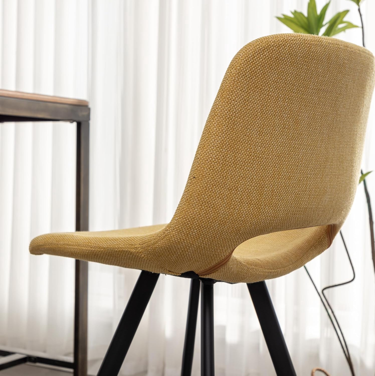 28.25" Counter Height Bar Stools Set of 2, Yellow Linen Upholstered Bar Chairs with Hollow Cutout Back, Black Metal Legs & Footrest for Kitchen Island Home Bar