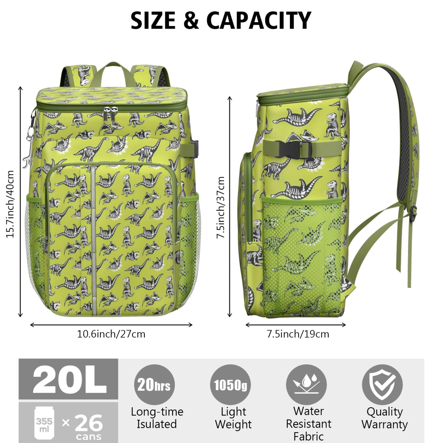 Travel Cooler Bag - Green Dinosaurs Skeletons Pattern Camping Beer Cooler Backpack with Bottle Opener- Waterproof Insulated Picnic Backpacks - Cooler Bag for Beach