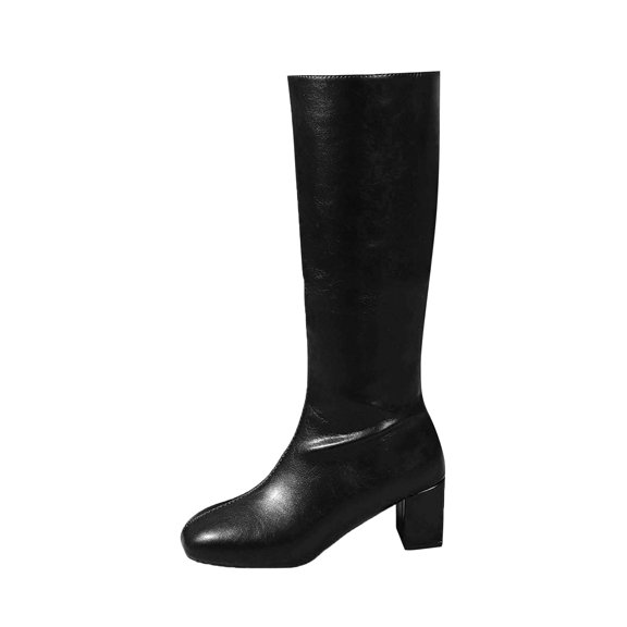 hopeusnice Square Toe Chunky Heel Knee High Boots Women Leather Stretch Boots for Daily Wear Black 36