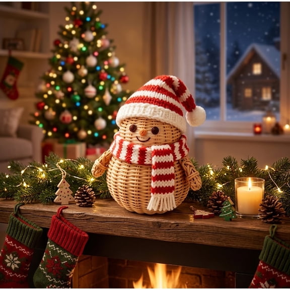 Christmas Woven Rattan Snowman Figurines 2026 Christmas Decor