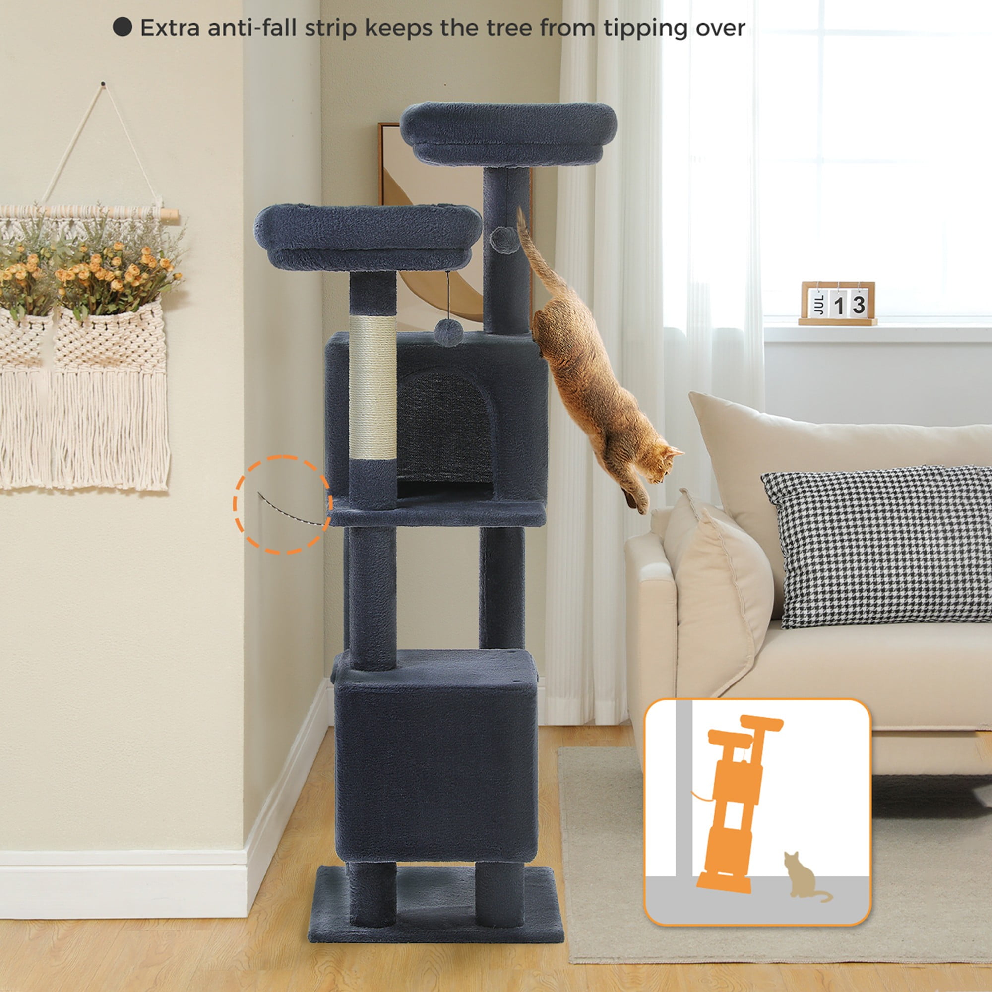 resenkos 52" Cat Tree Tower with 2 Scratching Posts, 2 Perches, 2 Caves, Pompoms, Multi-Level Plush Cat Condo for Indoor Cats, Gray