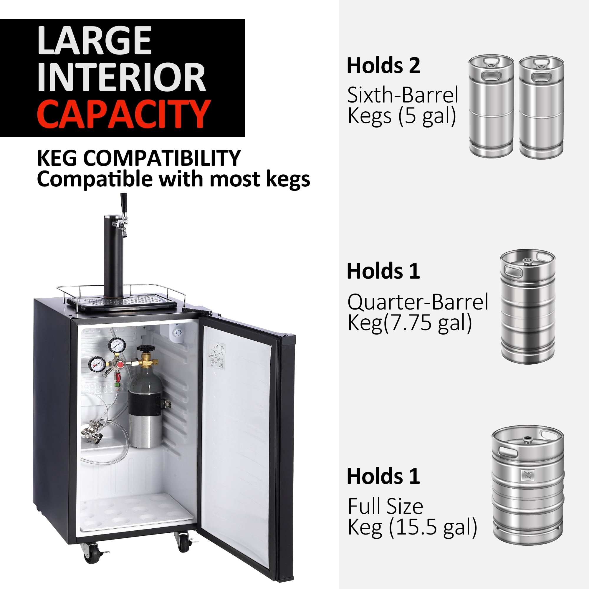 Beer Kegerator, Single Tap Draft Beer Dispenser, Full Size Stainless Steel Keg Refrigerator With Drip Tray, CO2 Cylinder, 32°F- 50°F Temperature Control